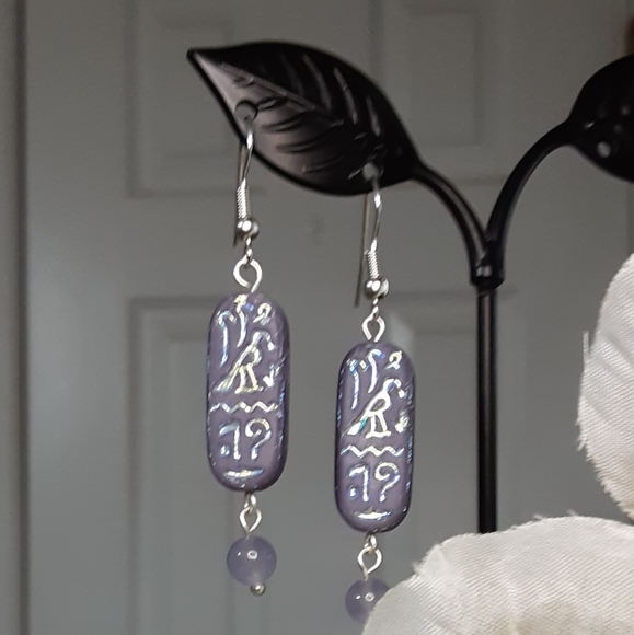 Hand Crafted Egyptian Cartouche Earrings  Purple  Pierced Hielogryphics - Picture 2 of 5